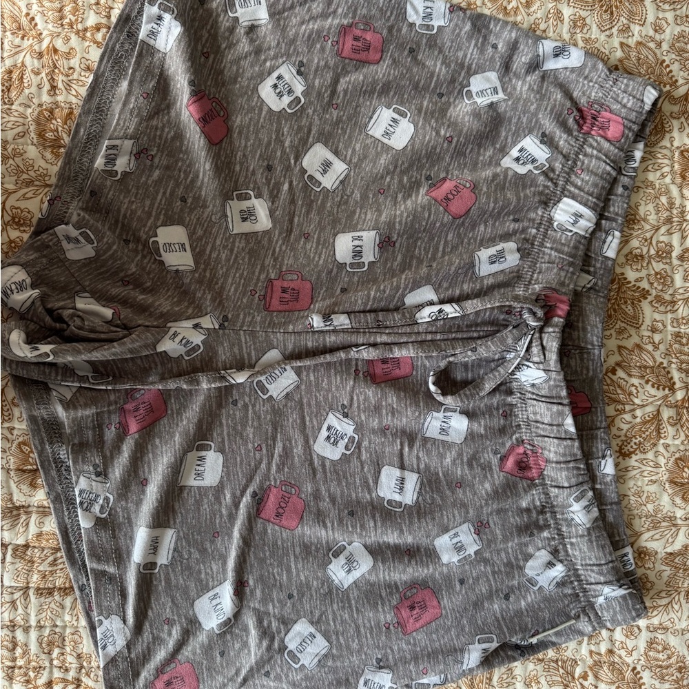 Rae Dunn Gray Pajama Shorts with Pink and White Mug Design